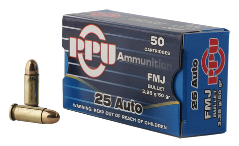 PPU PPH25 Handgun 25 Automatic Colt Pistol (ACP) 50 GR Full Metal Jacket 50 Bx/ 20 Cs