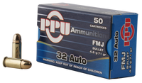 PPU PP32AF Handgun 32 Automatic Colt Pistol (ACP) 71 GR Full Metal Jacket 50 Bx/ 20 Cs