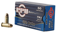 PPU PP32AF Handgun 32 Automatic Colt Pistol (ACP) 71 GR Full Metal Jacket 50 Bx/ 20 Cs