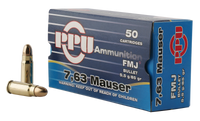 PPU PPH763 Handgun 7.63mm Mauser 85 GR Full Metal Jacket 50 Bx/ 10 Cs