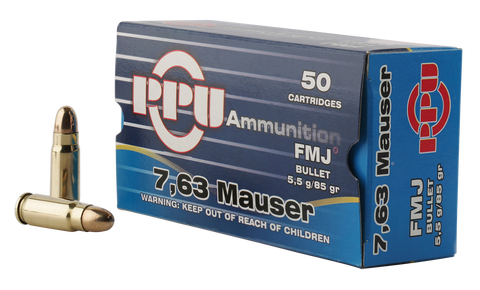 PPU PPH763 Handgun 7.63mm Mauser 85 GR Full Metal Jacket 50 Bx/ 10 Cs
