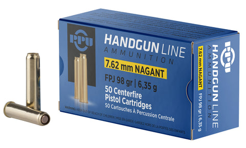 PPU PPH762N Handgun 7.62x38mmR Nagant 98 GR Flat Point Jacketed 50 Bx/ 10 Cs