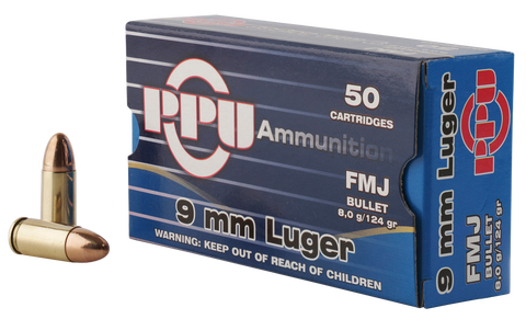 PPU PPH9F2 Handgun 9mm Luger 124 GR Full Metal Jacket 50 Bx/ 20 Cs