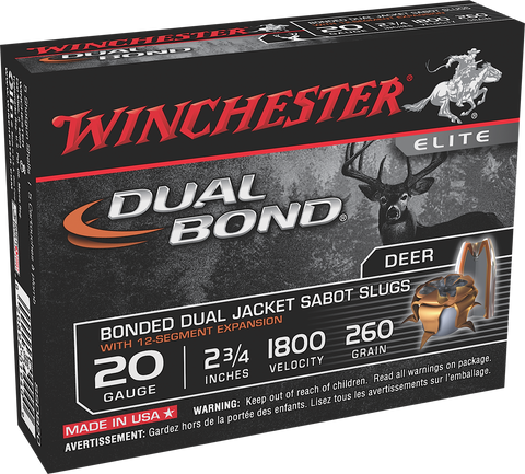 Winchester Ammo SSDB20 Elite Dual Bond 20 Gauge 2.75" 260 GR Sabot Slug Shot 5 Bx/ 20 Cs