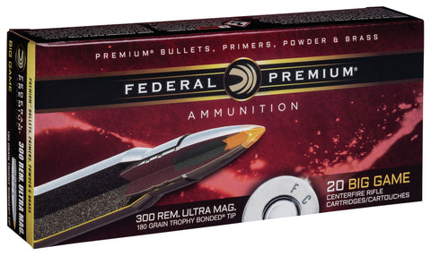 Federal P300RUMTT1 Premium  
300 Remington Ultra Magnum (RUM) 180 GR Trophy Bonded Tip 20 Bx/ 10 Cs