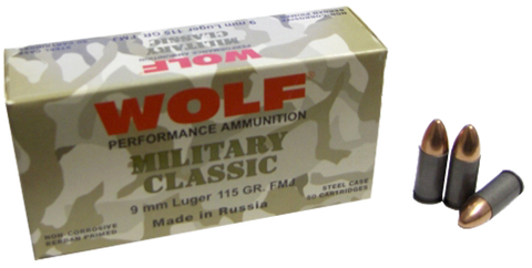 Wolf MC919FMJ Military Classic 9mm Luger 115 GR Full Metal Jacket 50 Bx/ 10 Cs - 500 Rounds