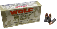 Wolf MC919FMJ Military Classic 9mm Luger 115 GR Full Metal Jacket 50 Bx/ 10 Cs - 500 Rounds