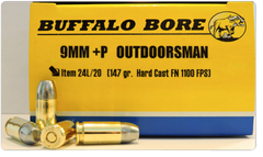 Buffalo Bore Ammunition 24L/20 Outdoorsman 9mm Luger +P 147 GR Hard Cast Flat Nose 20 Bx/ 12 Cs