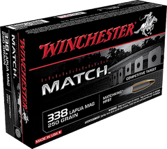 Winchester Ammo S338LM Match 338 Lapua Magnum 250 GR Boat Tail Hollow Point 20 Bx/10 Cs