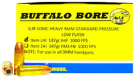 Buffalo Bore Ammunition 24I/20 9mm Luger 9mm Luger 147 GR Jacketed Hollow Point 20 Bx/ 12 Cs