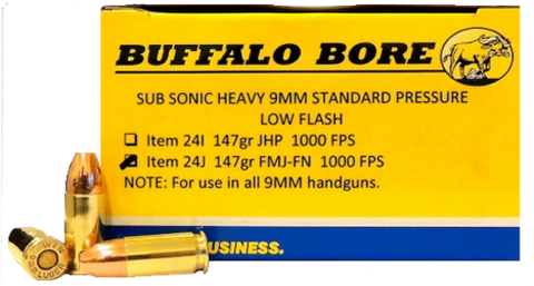Buffalo Bore Ammunition 24J/20 9mm 9mm Luger 147 GR Full Metal Jacket Flat Nose 20 Bx/ 12 Cs