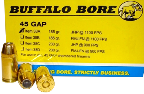 Buffalo Bore Ammunition 38A/20 45 For Glock Auto Pistol (GAP) JHP 185GR 20Bx/12C