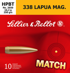 Sellier & Bellot SB338LMA Rifle Match 338 Lapua Magnum 250 GR Boat Tail Hollow Point 10 Bx/ 10 Cs