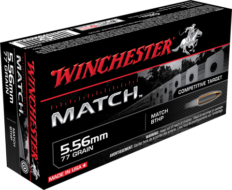 Winchester Ammo S556M Match 223 Remington/5.56 NATO 77 GR Boat Tail Hollow Point 20 Bx/ 10 Cs