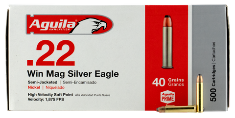 Aguila 1B222400 Silver Eagle 22 Winchester Magnum Rimfire (WMR) 40 GR Jacketed Soft Point 50 Bx/ 20 Cs