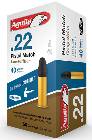 Aguila 1B222516 Match Competition Standard Velocity 22 Long Rifle (LR) 40 GR Lead Round Nose 50 Bx/ 100 Cs