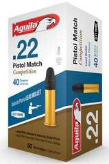Aguila 1B222516 Match Competition Standard Velocity 22 Long Rifle (LR) 40 GR Lead Round Nose 50 Bx/ 100 Cs