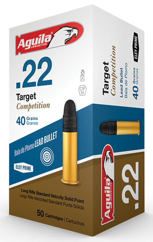 Aguila 1B222514 Match Competition Standard Velocity 22 Long Rifle (LR) 40 GR Lead Round Nose 50 Bx/ 100 Cs