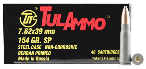 Tulammo UL076213 Centerfire Rifle 7.62X39mm 124GR Soft Point 40Bx/25Cs