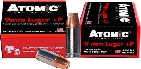 Atomic Ammo 9mm Luger +P 124gr. Bonded JHP 20-Pack