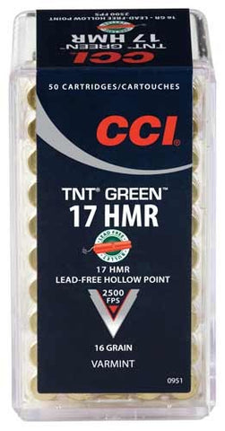 CCI Ammo Green Lead Free 17Hmr 2500fps. 16gr. TNT-HP 50-Pack