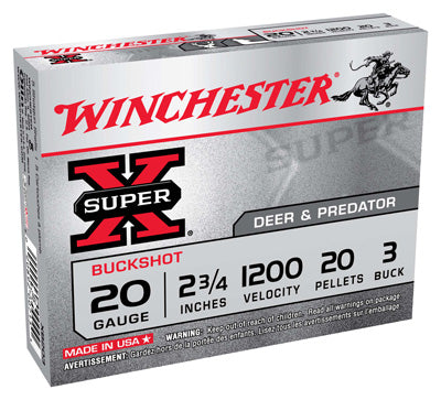 Winchester Ammo Super-X 20Ga. 2.75" 1200fps. #3Bk 20-Pellets 5-Pack.