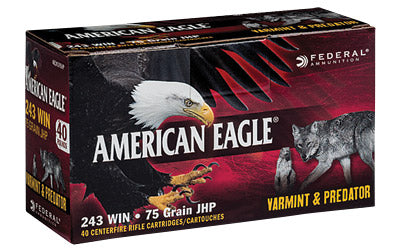 Federal American Eagle Varmint & Predator, 243 Win, 75 Grain, Jacketed Hollow Point, 40 Round Box AE24375VP