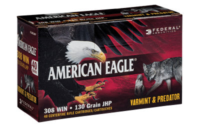 Federal American Eagle Varmint & Predator, 308 Win, 130 Grain, Jacketed Hollow Point, 40 Round Box AE308130VP