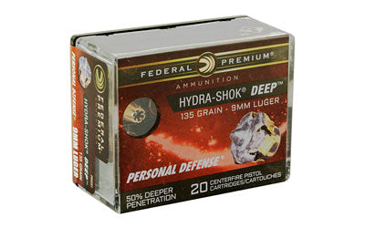 Federal Hydra-Shok Deep, 9MM, 135Gr, Hollow Point, 20 Round Box P9HSD1