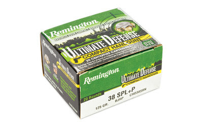 Remington Compact Ultimate Home Defense, 38 Special, 125 Grain, Brass Jacketed Hollow Point, 20 Round Box 28965