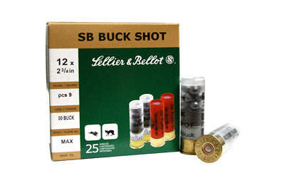 Sellier & Bellot Shotshell, 12 Gauge, 2.75", 00 Buck, 9 Pellets, 25 Round Box SB12BSG