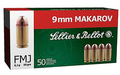 Sellier & Bellot Pistol, 9MM Makarov, 95 Grain, Full Metal Jacket, 50 Round Box SB9MAK