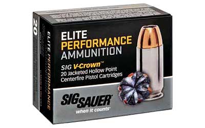 Sig Sauer Elite Performance V-Crown Ammunition, 45 ACP, 200 Grain, Jacketed Hollow Point, 20 Round Box E45AP1-20