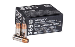 Sig Sauer Elite Performance V-Crown, 9MM, 115 Grain, Jacketed Hollow Point, Designed for Short Barrel Pistols, Low Recoil, 20 Round Box E9MMA1-365-20