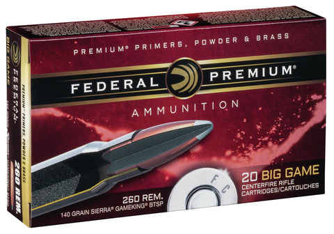 Federal P260A Premium 260 Remington 140 GR Sierra GameKing Boat-Tail Soft Point (BTS) 20 Bx/ 10 Cs