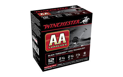 Winchester AA TrAAcker, 12 Gauge, 2.75", #8, Shotshell, Black Hull, 25 Round Box AA128TB