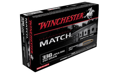 Winchester Match, 338 Lapua, 250 Grain, Boat Tail Hollow Point, 20 Round Box S338LM