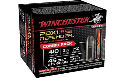 Winchester Supreme Elite, 410 Gauge, 2.5", 225 Grain, Buck Shot and Hollow Point Combo Pack, (10) 45LC, (10) 410GA, 20 Round Box S41045PD