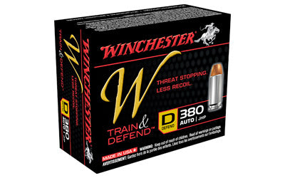 Winchester W - Train & Defend, 380ACP, 95 Grain, Jacketed Hollow Point, Low Recoil, 20 Round Box W380D