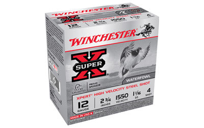 Winchester Xpert HI-Velocity, Steel, 12 Gauge, 2.75", #4, 1.06 oz., Steel Shot, Lead Free, 25 Round Box WEX124